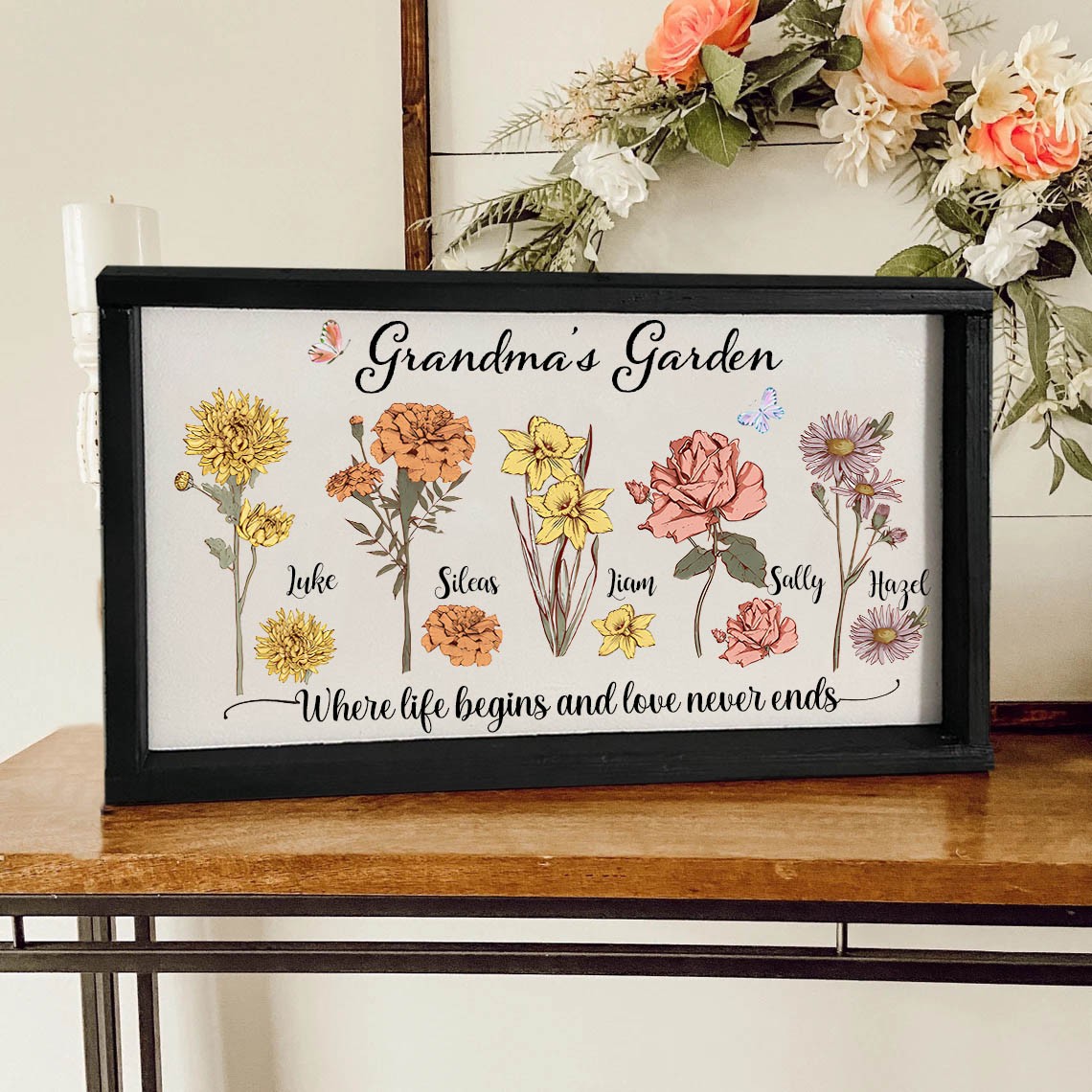 Cadre de jardin personnalisé pour grand-mère avec nom des petits-enfants et fleur du mois de naissance pour la fête des mères