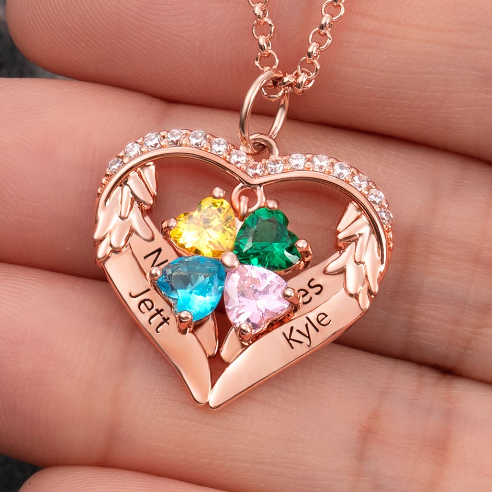 Collier coeur ailes d'ange personnalisé avec noms et pierres de naissance