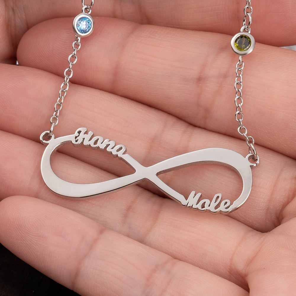 Collier infini personnalisé avec 1-8 noms et pierres de naissance pour cadeau de fête des mères